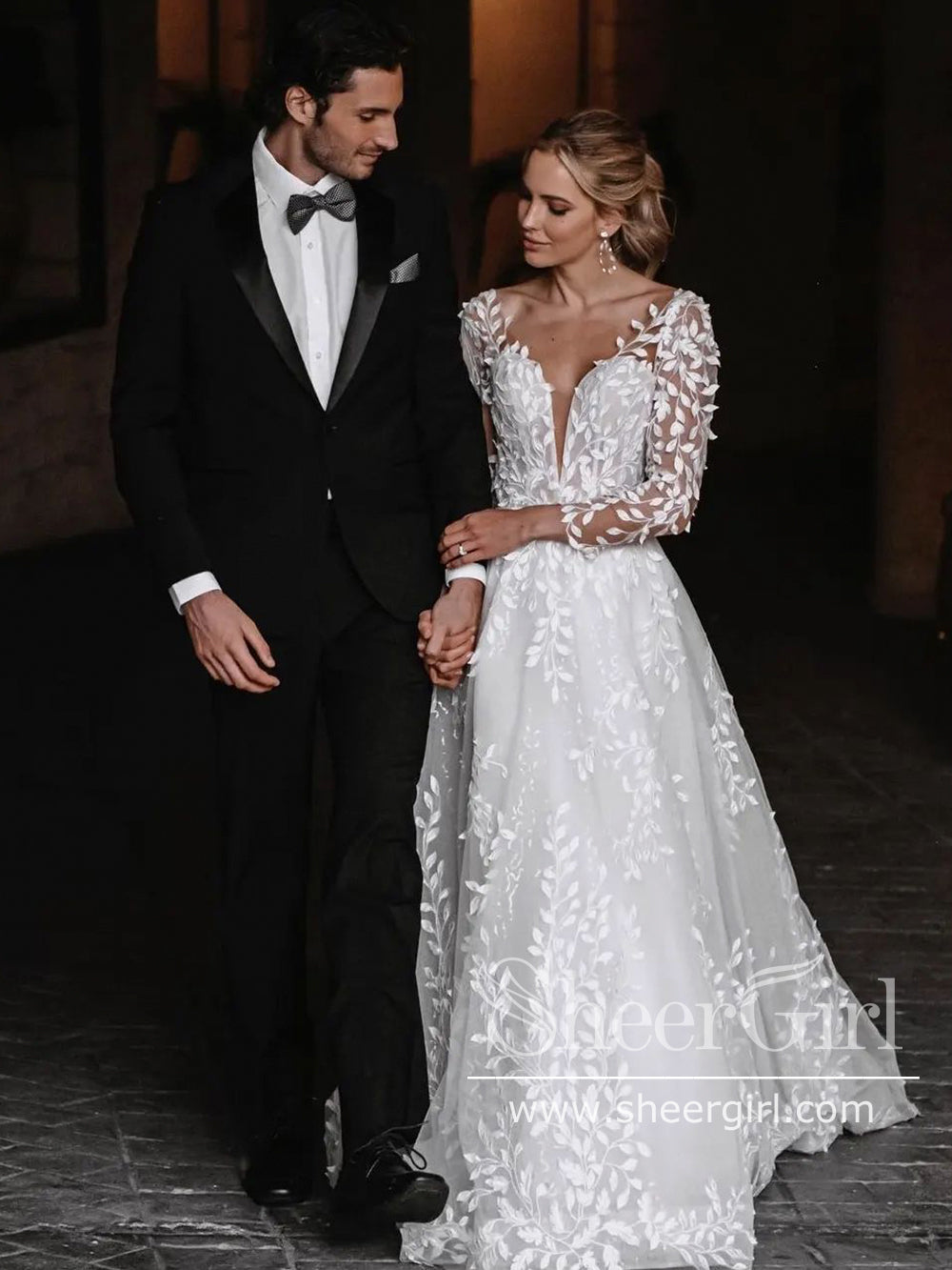 Stunning Leaves Lace Boho Wedding Dresses Long Sleeve Tulle Bridal Dre SheerGirl