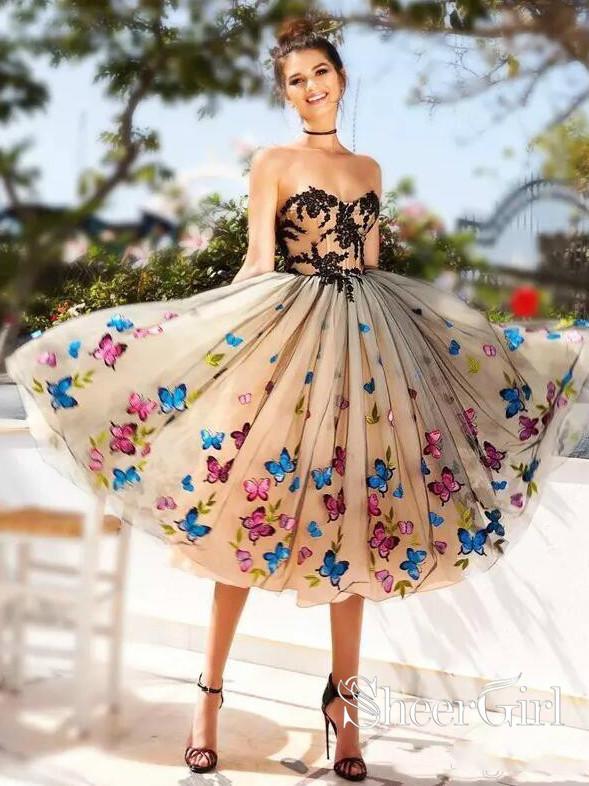 Sweet Heart Neckline A Line Homecoming Dresses Nude Satin Colorful Butterflies Appliqued Short Prom Dresses ARD2462-SheerGirl