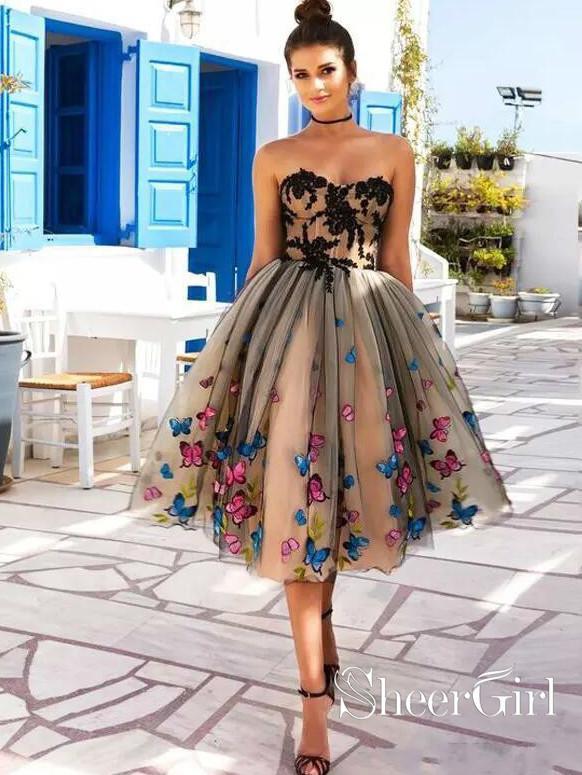 Sweet Heart Neckline A Line Homecoming Dresses Nude Satin Colorful Butterflies Appliqued Short Prom Dresses ARD2462-SheerGirl