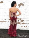 Sweetheart Burgundy Lace Mermaid Prom Dresses Muti-Layered Organza Evening Ball Gowns APD3414-SheerGirl