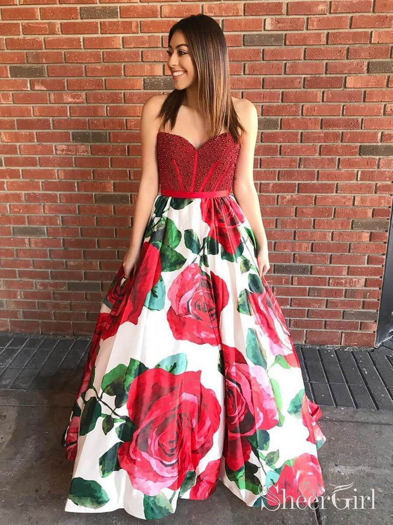 Sweetheart Neck Beaded Burgundy Floral Prom Dresses 2019 ARD1956-SheerGirl