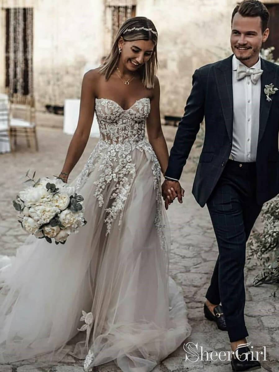 Sweetheart Neck Lace Rustic Wedding Dresses Long Tulle Beach Wedding Dress AWD1473 Sweetheart Neck Lace Rustic Wedding Dresses Long Tulle Beach Wedding Dress AWD1473