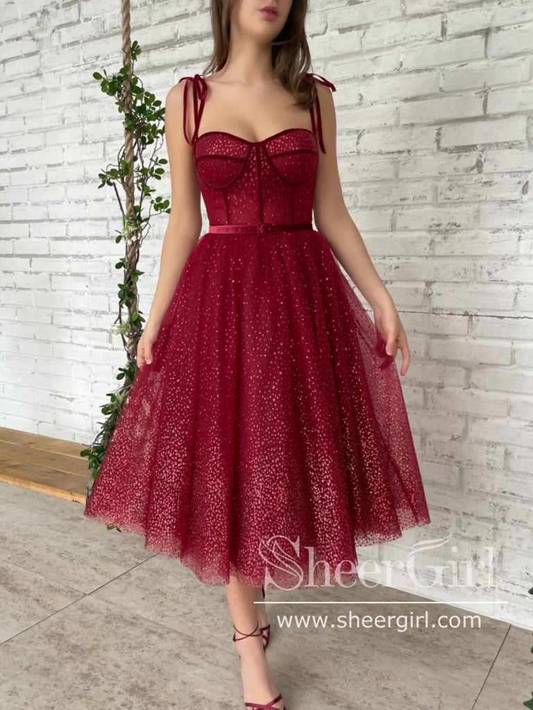 Sweetheart Neckline Corset Bodice Sparkly Tulle Prom Dress Tea Length ARD2691-SheerGirl