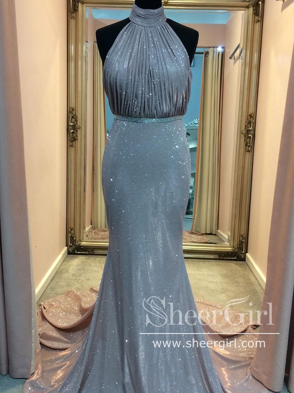 Tango Glitter Mermaid Prom Gown with Pleated Bodice Halter Neck Sweep Train Long Prom Dress ARD2588 Tango Glitter Mermaid Prom Gown with Pleated Bodice Halter Neck Sweep Train Long Prom Dress ARD2588