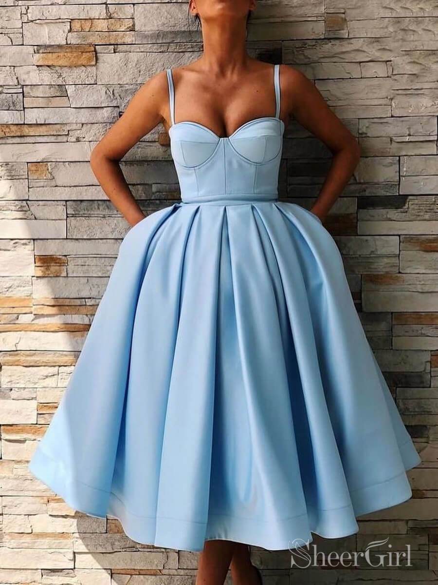 Tea Length Sky Blue Prom Dress with Pocket Simple Cheap Graduation Dre –  SheerGirl