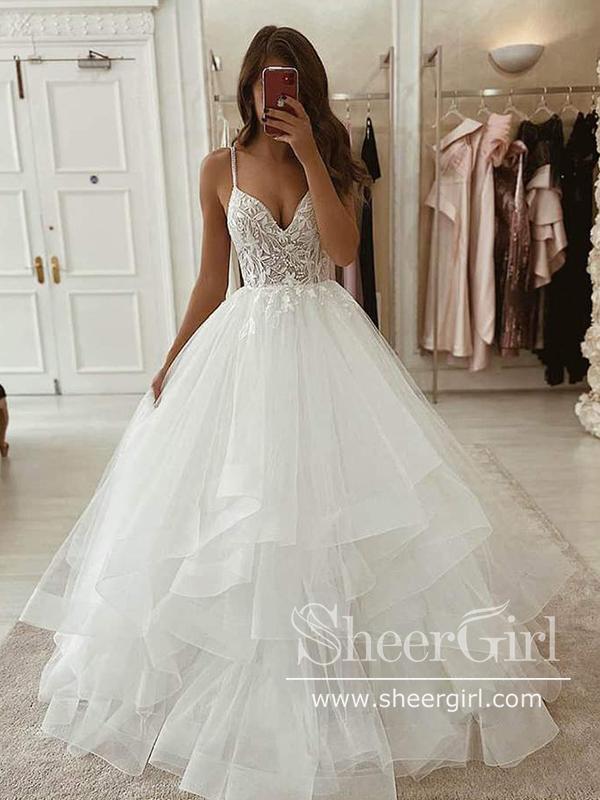 Tiered Tulle Bridal Ball Gown with Lace Bodice Wedding Dress AWD1834 Tiered Tulle Bridal Ball Gown with Lace Bodice Wedding Dress AWD1834