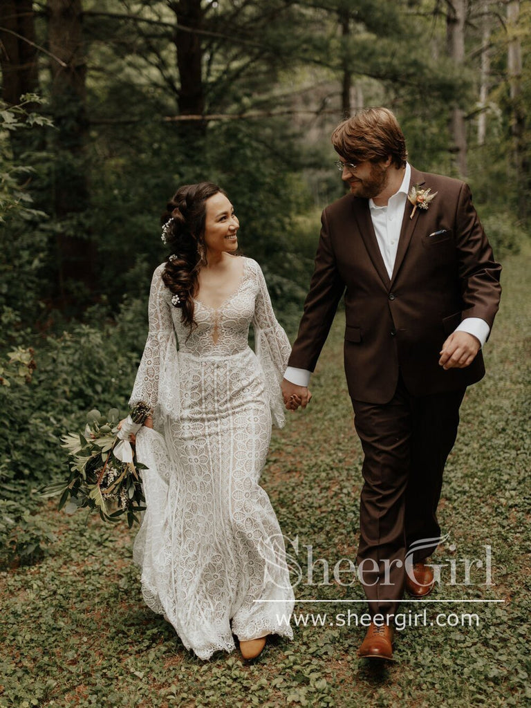 Trumpet Long Sleeve Lace Wedding Dresses Lace Up Back Beach Wedding Dress AWD1785-SheerGirl