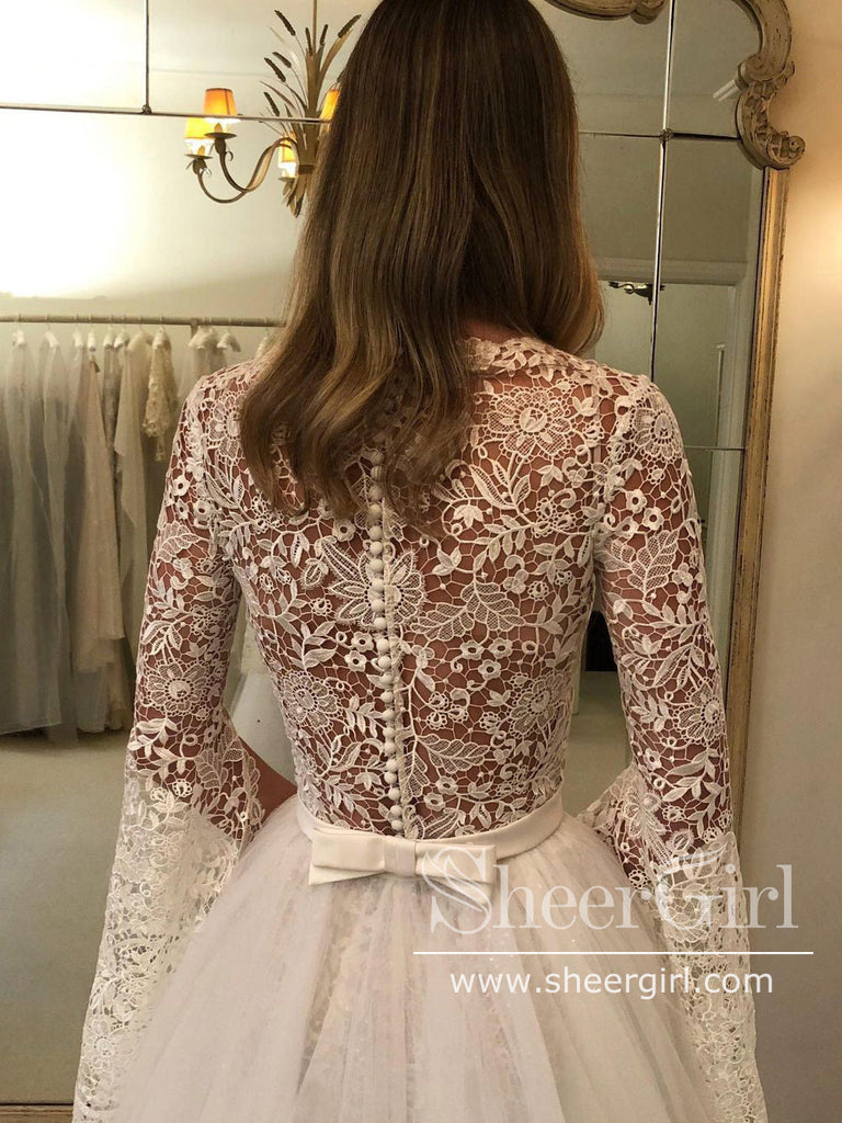 Trumpet Sleeves Floral Lace Wedding Dresses with Detachable Train AWD1933-SheerGirl