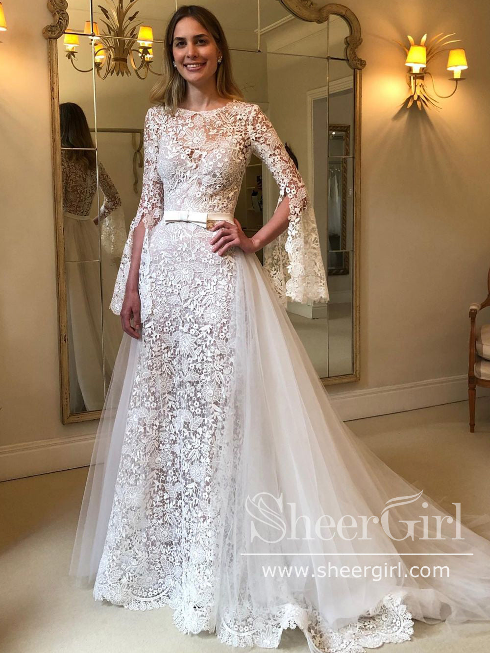 long sleeve wedding dress with detachable train Long Sleeve Beading Sequins Appliques Mermaid Wedding Dress With Detac Elsi John
