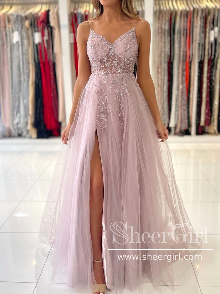 Tulle Long Evening Dress See Through Beaded Bodice A-Line Prom Dress with Thigh Split ARD2856-SheerGirl