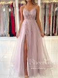 Tulle Long Evening Dress See Through Beaded Bodice A-Line Prom Dress with Thigh Split ARD2856-SheerGirl