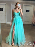 Turquoise Spaghetti Straps High Slit Evening Dress Appliqued Sweep Train Long Prom Dress ARD2555-SheerGirl