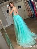 Turquoise Spaghetti Straps High Slit Evening Dress Appliqued Sweep Train Long Prom Dress ARD2555-SheerGirl