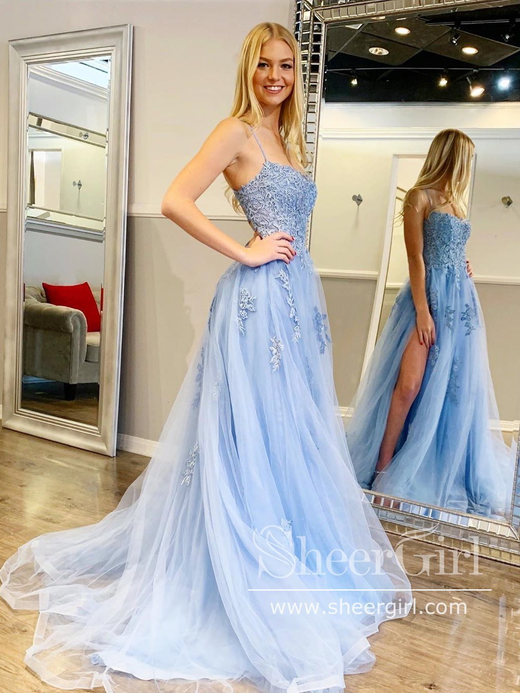Turquoise Spaghetti Straps High Slit Evening Dress Appliqued Sweep Train Long Prom Dress ARD2555 Turquoise Spaghetti Straps High Slit Evening Dress Appliqued Sweep Train Long Prom Dress ARD2555
