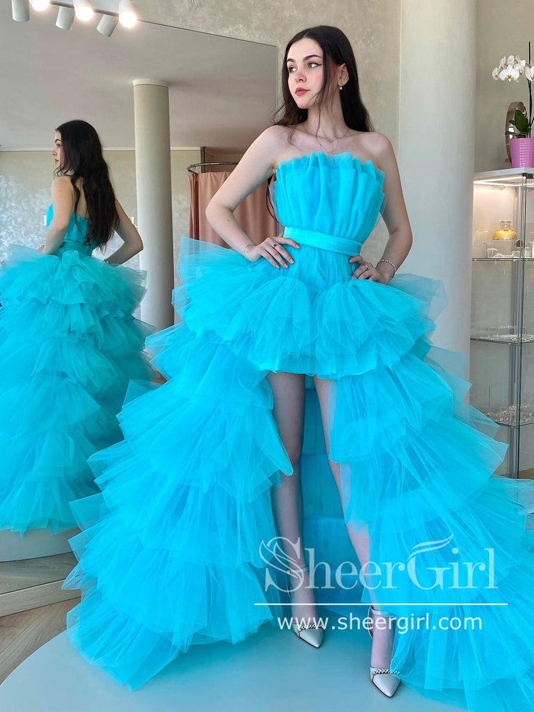 Turquoise Strapless Ruffle Tulle High Low Ball Gown Tiered Simple Prom Dress ARD2881-SheerGirl