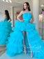Vestido de fiesta sencillo con gradas, color turquesa, sin tirantes, con volantes, de tul, alto y bajo, ARD2881
