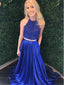 Vestido formal de encaje de dos piezas con cuentas Vestidos largos de fiesta en azul real con bolsillo APD3383