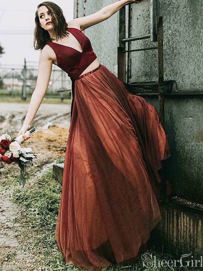blue dress for baby girl Two Piece A-Line V-Neck Bridesmaid Dresses Burgundy Tulle Formal Dress ARD2355