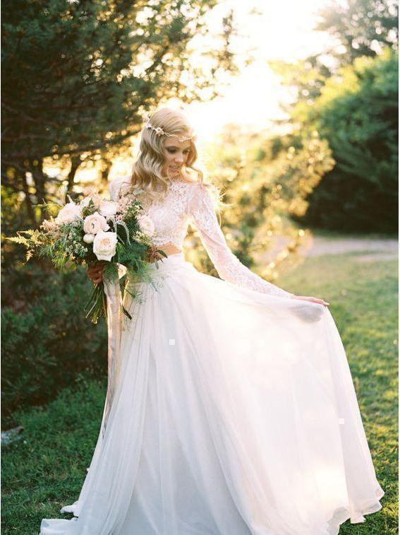 Two Piece Beach Wedding Dresses Long Sleeve Lace Top Wedding Dresses AWD1124 Two Piece Beach Wedding Dresses Long Sleeve Lace Top Wedding Dresses AWD1124
