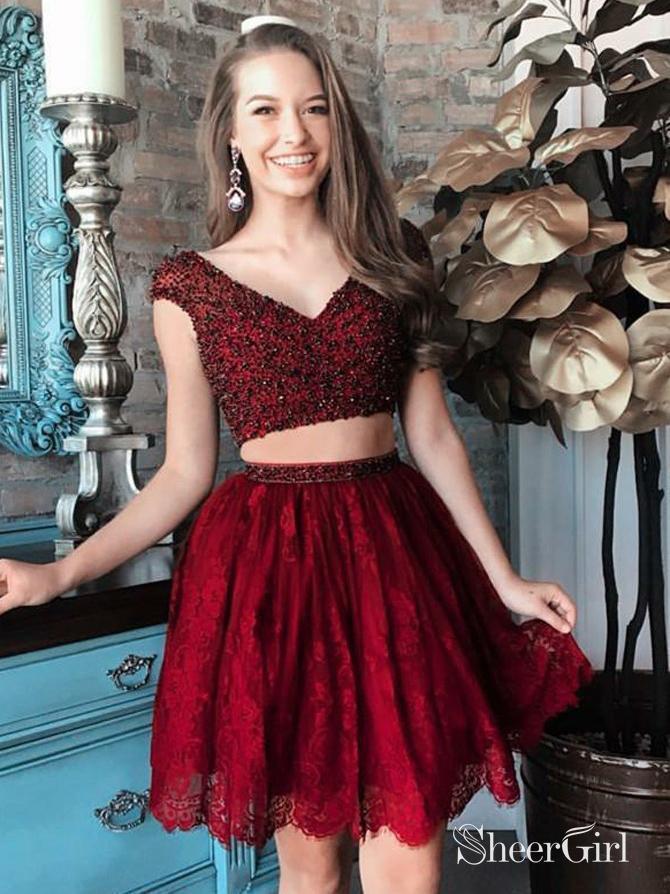 Two Piece Beaded Maroon Homecoming Dresses Lace Burgundy Hoco Dress ARD1778 Two Piece Beaded Maroon Homecoming Dresses Lace Burgundy Hoco Dress ARD1778