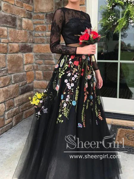 Two Piece Crew Long Sleeves Black Prom Dress with Lace Appliques ARD2724 Two Piece Crew Long Sleeves Black Prom Dress with Lace Appliques ARD2724