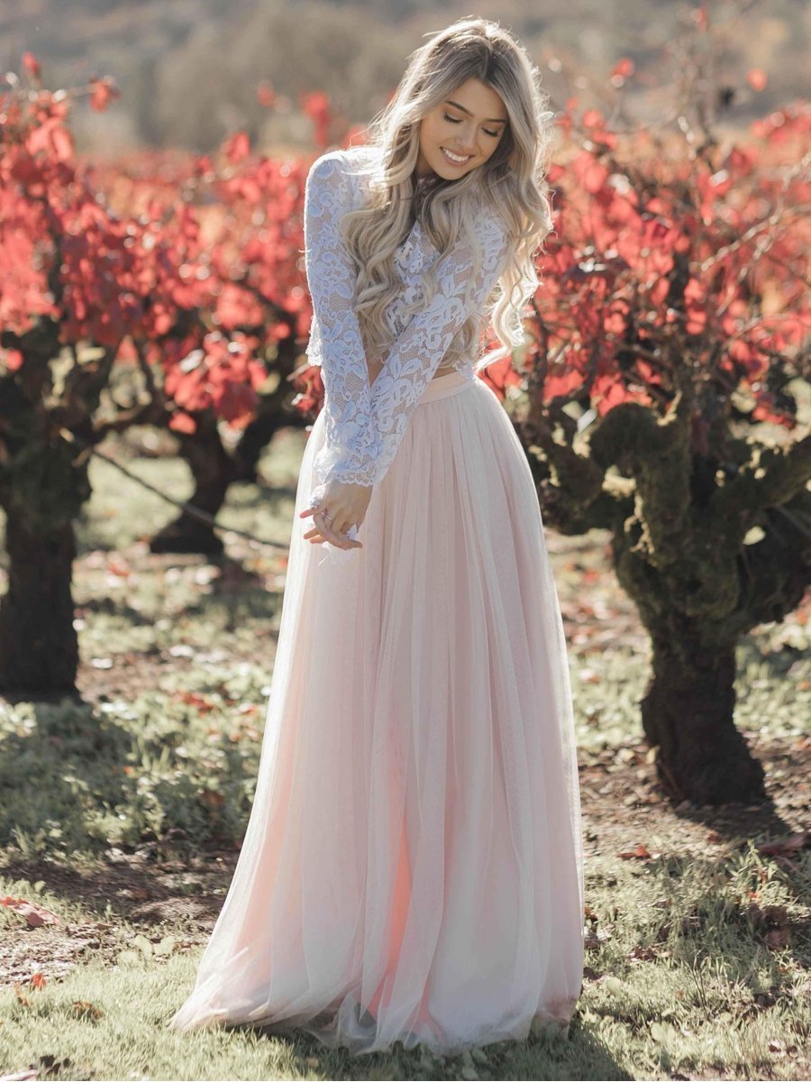 Two Piece Long Sleeve Lace Wedding Dresses Blush Pink Boho Beach