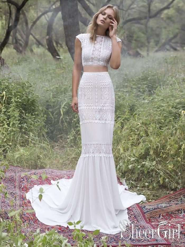 Two Pieces Geometrical Lace Mermaid Wedding Dresses Ivory Chiffon