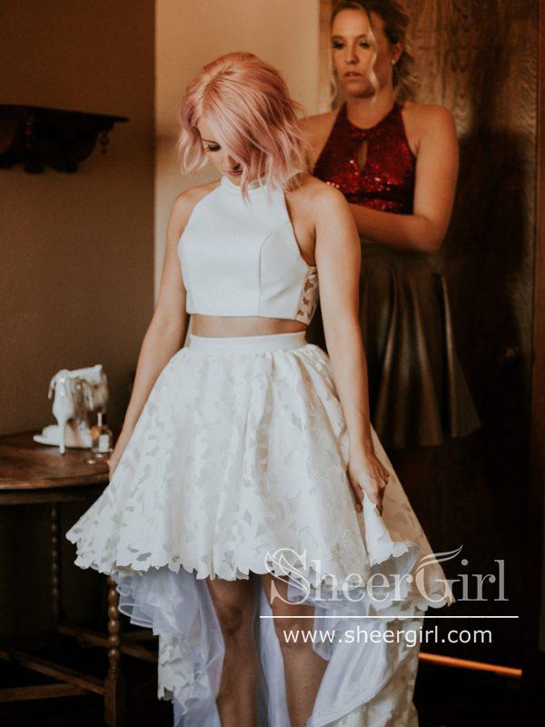 Two Pieces High Low Short Bridal Dresses Ivory Lace Small Train Wedding Dress AWD1639-SheerGirl