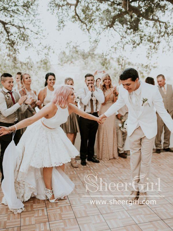 Two Pieces High Low Short Bridal Dresses Ivory Lace Small Train Wedding Dress AWD1639-SheerGirl