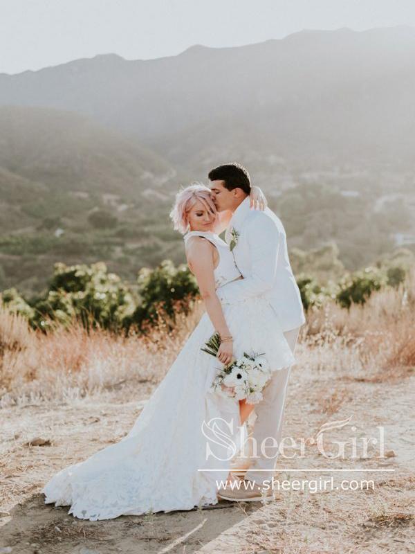 Two Pieces High Low Short Bridal Dresses Ivory Lace Small Train Wedding Dress AWD1639-SheerGirl