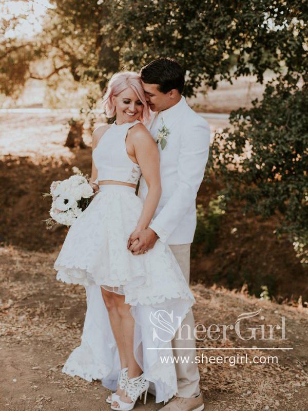 Two Pieces High Low Short Bridal Dresses Ivory Lace Small Train Wedding Dress AWD1639-SheerGirl