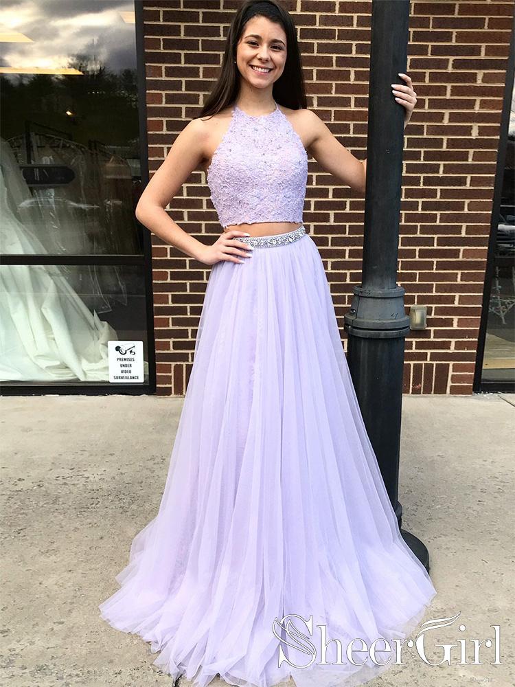 Two Pieces Lilac Appliqued Party Dress Halter Neckline Beadings Sash Long Prom Dress ARD2529 Two Pieces Lilac Appliqued Party Dress Halter Neckline Beadings Sash Long Prom Dress ARD2529