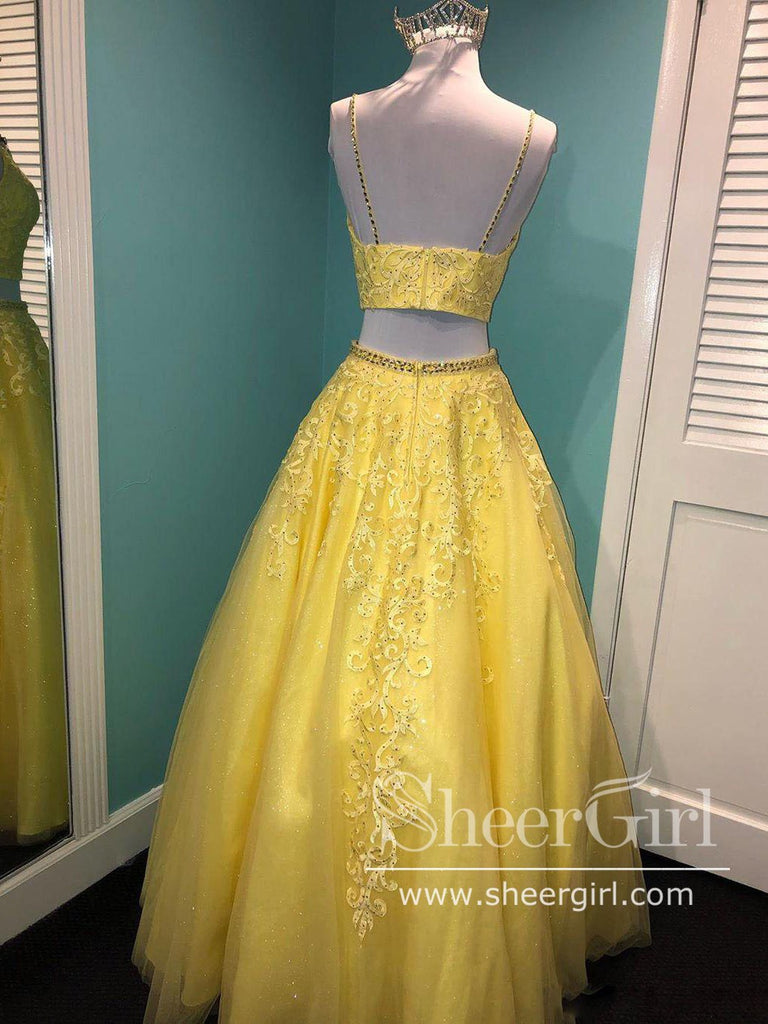 Two Pieces Mykonos Blue Appliqued Evening Dress Spaghetti Straps Appliqued Sparkly Prom Dress ARD2550-SheerGirl