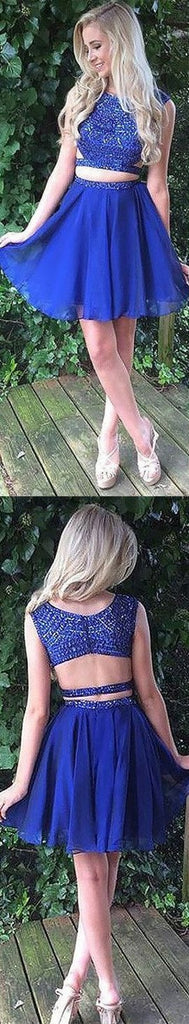 Unique Two Piece Beaded Royal Blue Homecoming Dresses Short MCL1005-SheerGirl