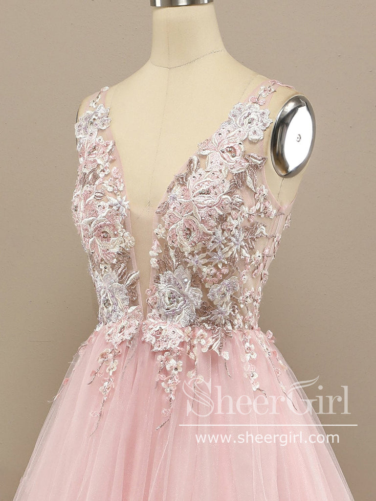 V Neck Ball Gown Tulle Prom Dress Floral Lace Party Dress ARD2870-SheerGirl