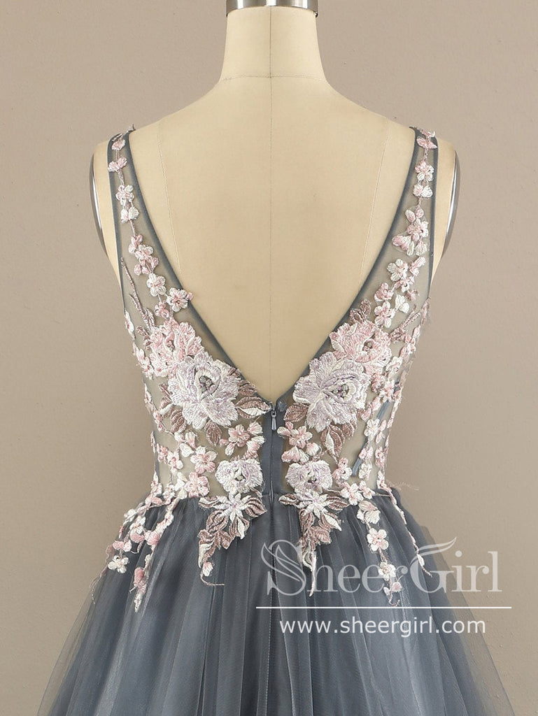 V Neck Ball Gown Tulle Prom Dress Floral Lace Party Dress ARD2870-SheerGirl