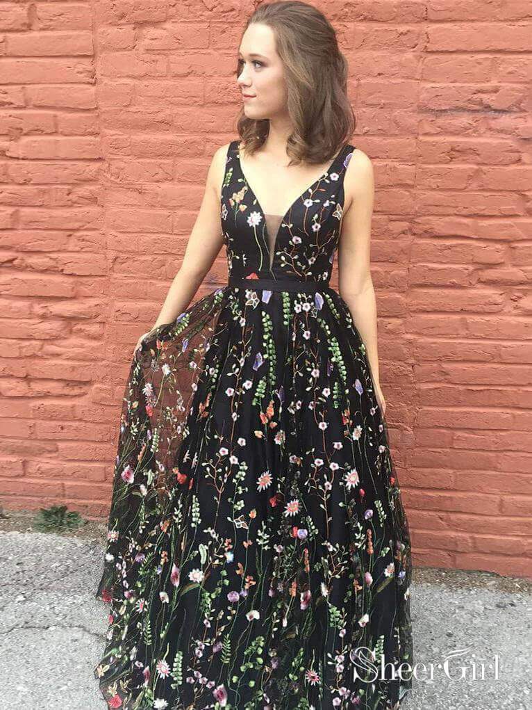 V Neck Black Floral Lace Long Prom Dresses Embroidered Prom Dress ARD1948 V Neck Black Floral Lace Long Prom Dresses Embroidered Prom Dress ARD1948
