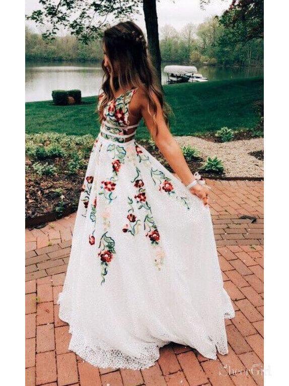 V Neck Lace Floral Embroidery Long Prom Dresses ARD2252-SheerGirl