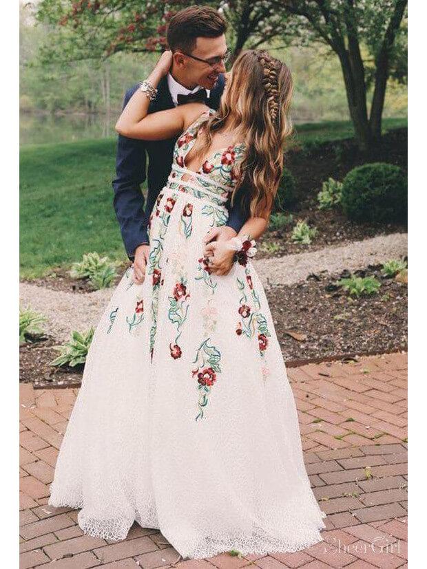 Deep V-neck Ivory Lace Floral Embroidery Long Prom Dresses – SheerGirl