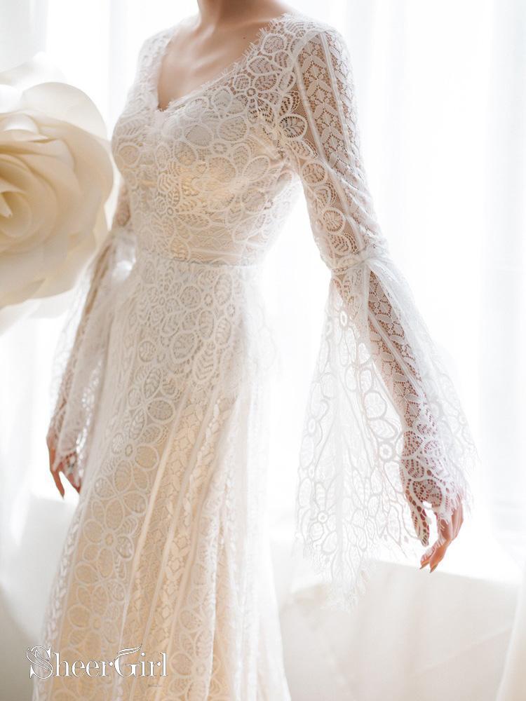 V Neck Lace-Up Mermaid Back Bridal Dresses Ivory Lace Trumpet Sleevese Wedding Gowns AWD1611