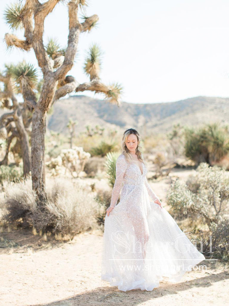 V Neck Sequins Lace See Through A Line Wedding Dress with Long Sleeves AWD1840-SheerGirl