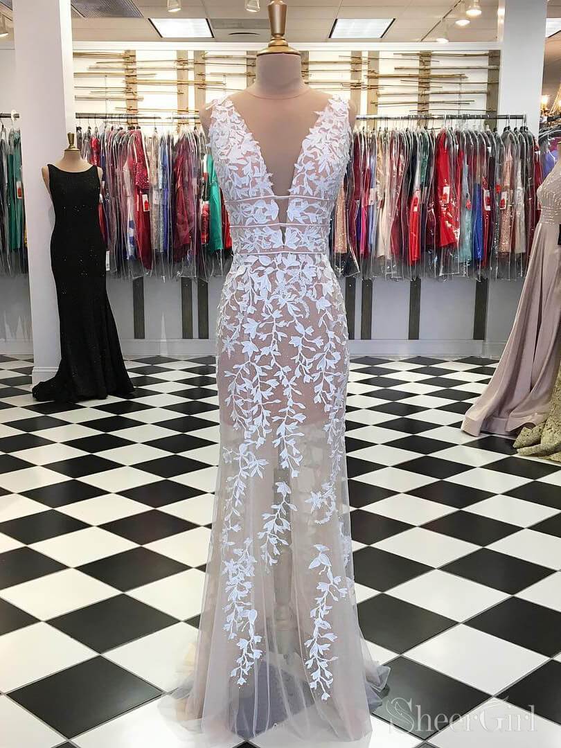V Neck Sheath Lace Prom Dresses Nude See Through Formal Dress ARD2132 SheerGirl V Neck Sheath Lace Prom Dresses Nude See Through Formal Dress ARD2132 SheerGirl