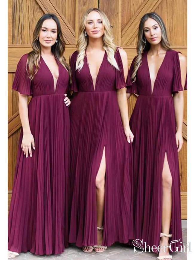 V Neck Short Sleeve Burgundy Long Bridesmaid Dresses Side Slit apd2489 V Neck Short Sleeve Burgundy Long Bridesmaid Dresses Side Slit apd2489