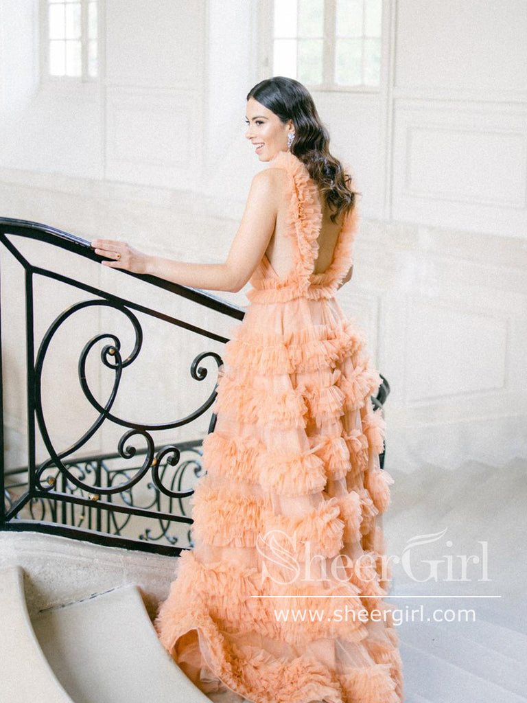 V Neck Soft Tulle Tiered A Line Prom Dress Backles Prom Gown ARD2684-SheerGirl