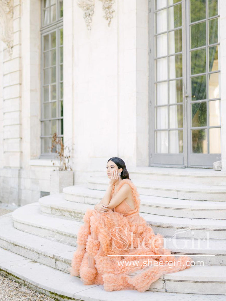 V Neck Soft Tulle Tiered A Line Prom Dress Backles Prom Gown ARD2684-SheerGirl