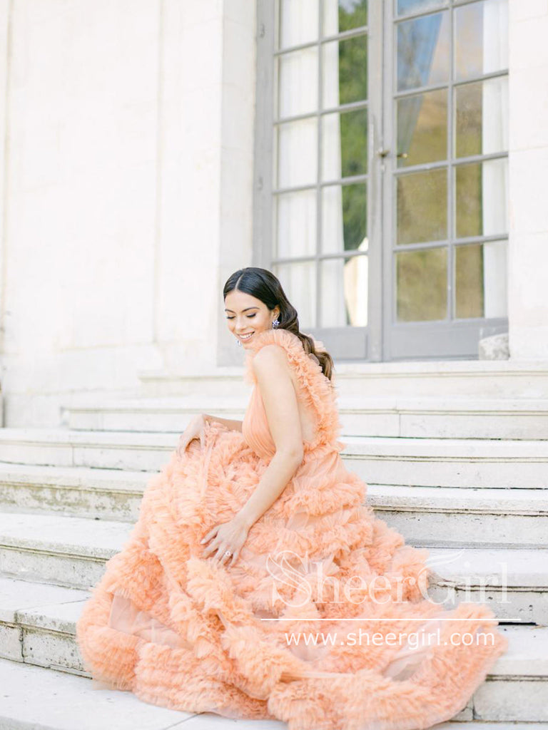 V Neck Soft Tulle Tiered A Line Prom Dress Backles Prom Gown ARD2684-SheerGirl