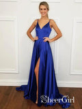 V Neck Spaghetti Strap Simple Royal Blue Formal Evening Dress Slit Long Prom Dress APD3437-SheerGirl