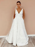 V Neckline Floral Lace A Line Illustion Back Sweep Train Wedding Dress AWD1743-SheerGirl