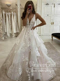 V Neckline Tired Tulle Ball Gown Lace Wedding Dress Floor Length AWD1828-SheerGirl