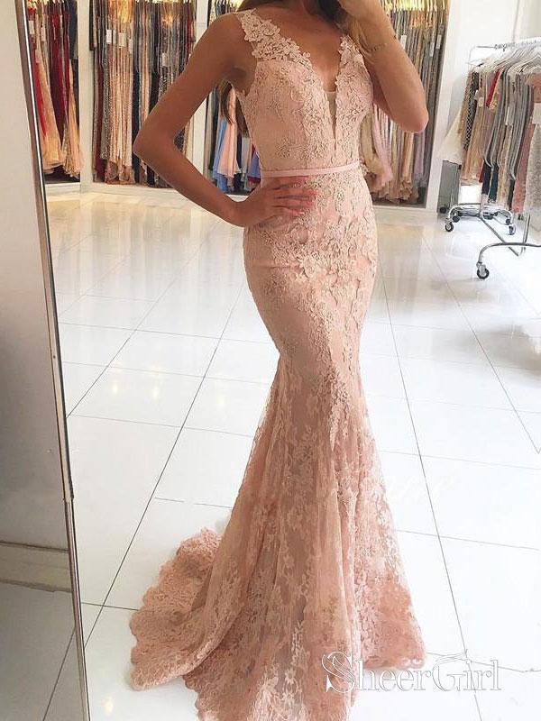 open lace back dress New Arrival Sweetheart Sleeveless A Line Lace Prom Dresses with Sweep Train main image 1